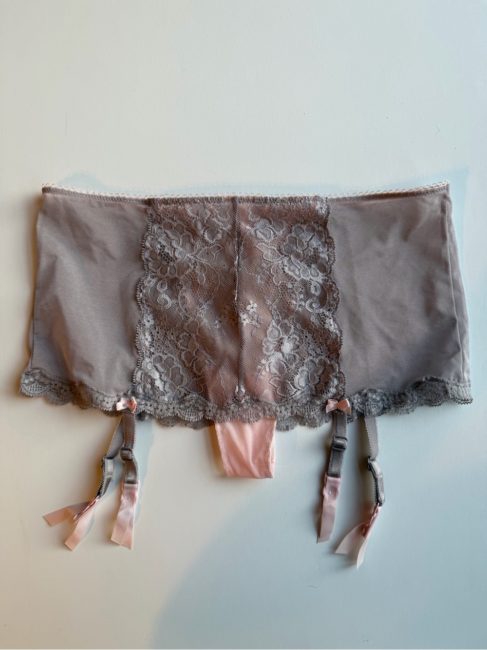 Victoria's Secret Gray Lace Garter Belt Thong, Skirt with Blush Pink Accents